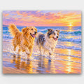 Sunset Beach Run paint by numbers kit of a golden retriever and a merle shepherd running through the surf at sunset