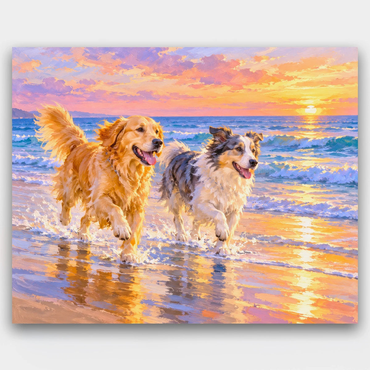Sunset Beach Run paint by numbers kit of a golden retriever and a merle shepherd running through the surf at sunset