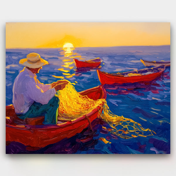 Painting of a fisherman in a red boat with a sunset over the water.