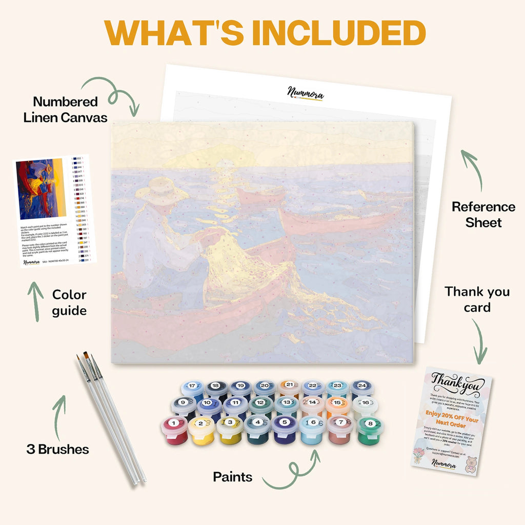 What's included in the Sunset Catch paint by numbers kit: numbered linen canvas, reference sheet, color guide, 24 acrylic paints, 3 brushes and thank you card