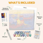 What's included in the Sunset Catch paint by numbers kit: numbered linen canvas, reference sheet, color guide, 24 acrylic paints, 3 brushes and thank you card