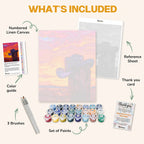 What's included in the Sunset on the Range paint by numbers kit: numbered linen canvas, reference sheet, color guide, 24 acrylic paints, 3 brushes and thank you card