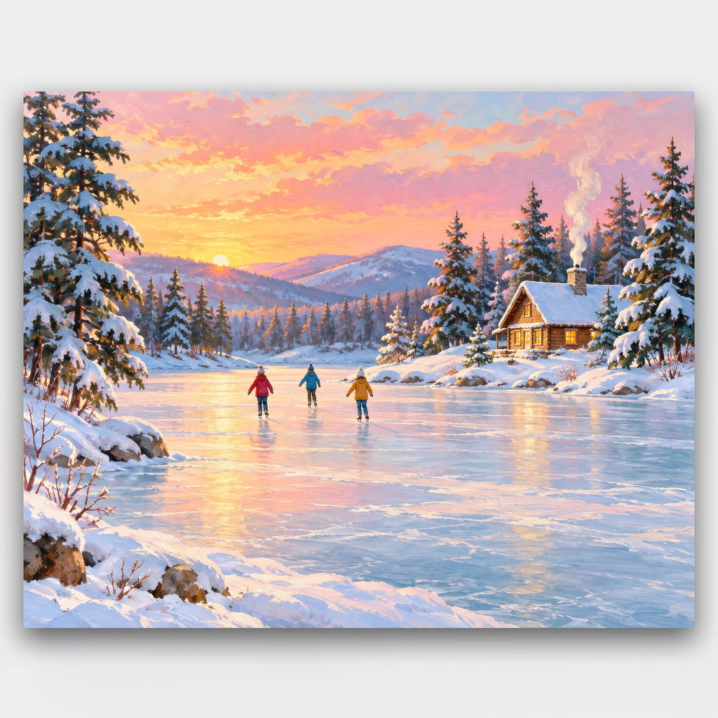 Sunset Skating Pond paint by numbers kit of skaters on a frozen pond in a snowy forest with a cabin under a pink winter sunset