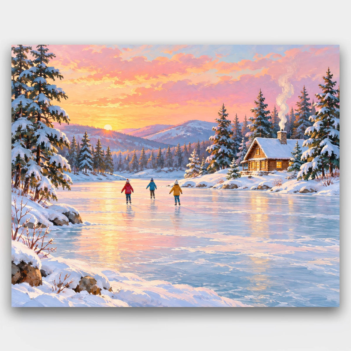 Sunset Skating Pond paint by numbers kit of skaters on a frozen pond in a snowy forest with a cabin under a pink winter sunset