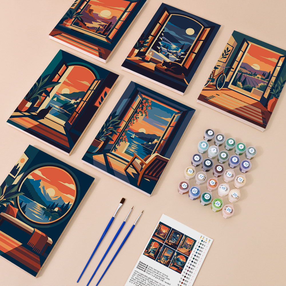 Sunset Windows mini paint by numbers kit with six numbered canvases, acrylic paints, brushes and layout