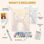 What's included in the Super Kitty Triumph paint by numbers kit: numbered linen canvas, reference sheet, color guide, 24 acrylic paints, 3 brushes and thank you card