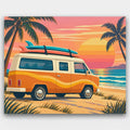 Surf Van Sunset paint by numbers kit of an orange retro camper van with surfboards parked at the beach at sunset
