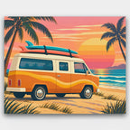Surf Van Sunset paint by numbers kit of an orange retro camper van with surfboards parked at the beach at sunset