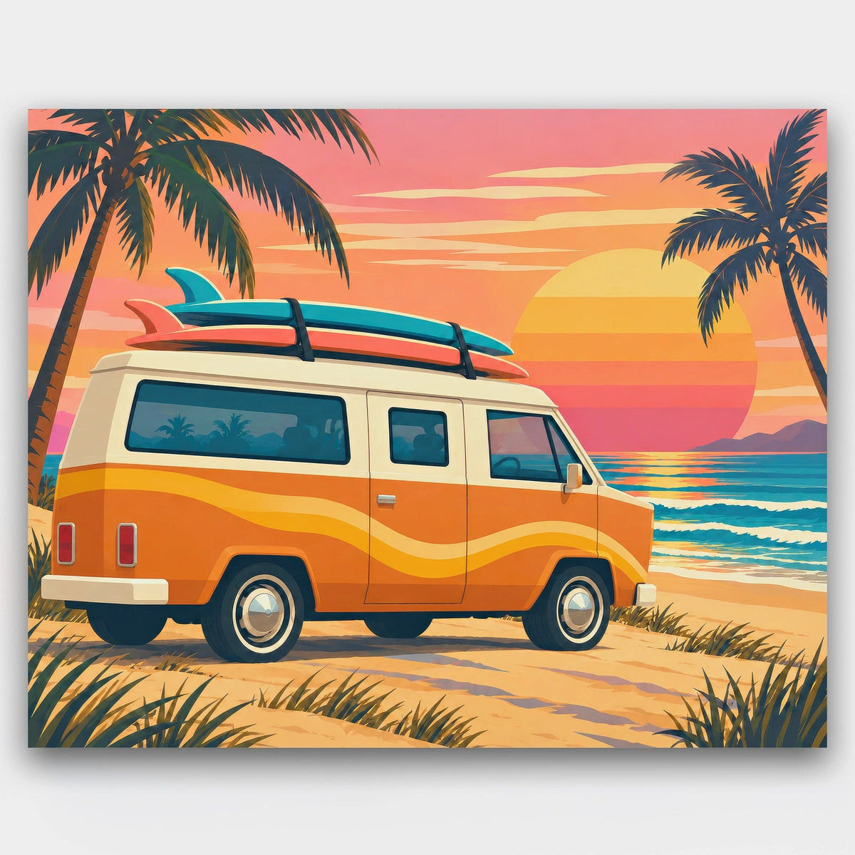 Surf Van Sunset paint by numbers kit of an orange retro camper van with surfboards parked at the beach at sunset