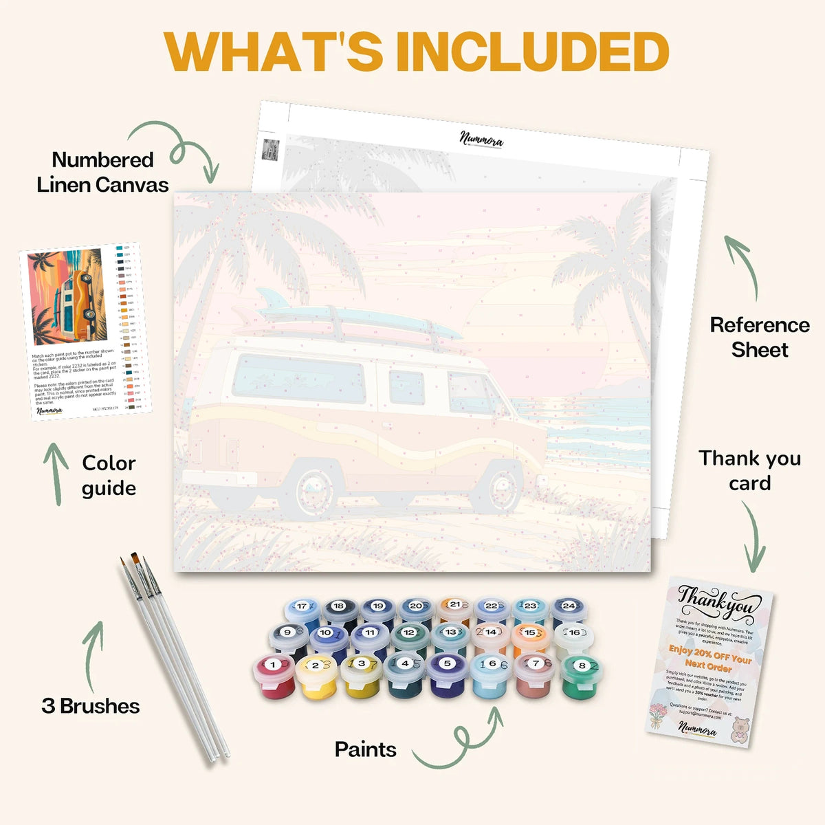 What's included in the Surf Van Sunset paint by numbers kit: numbered linen canvas, reference sheet, color guide, 24 acrylic paints, 3 brushes and thank you card