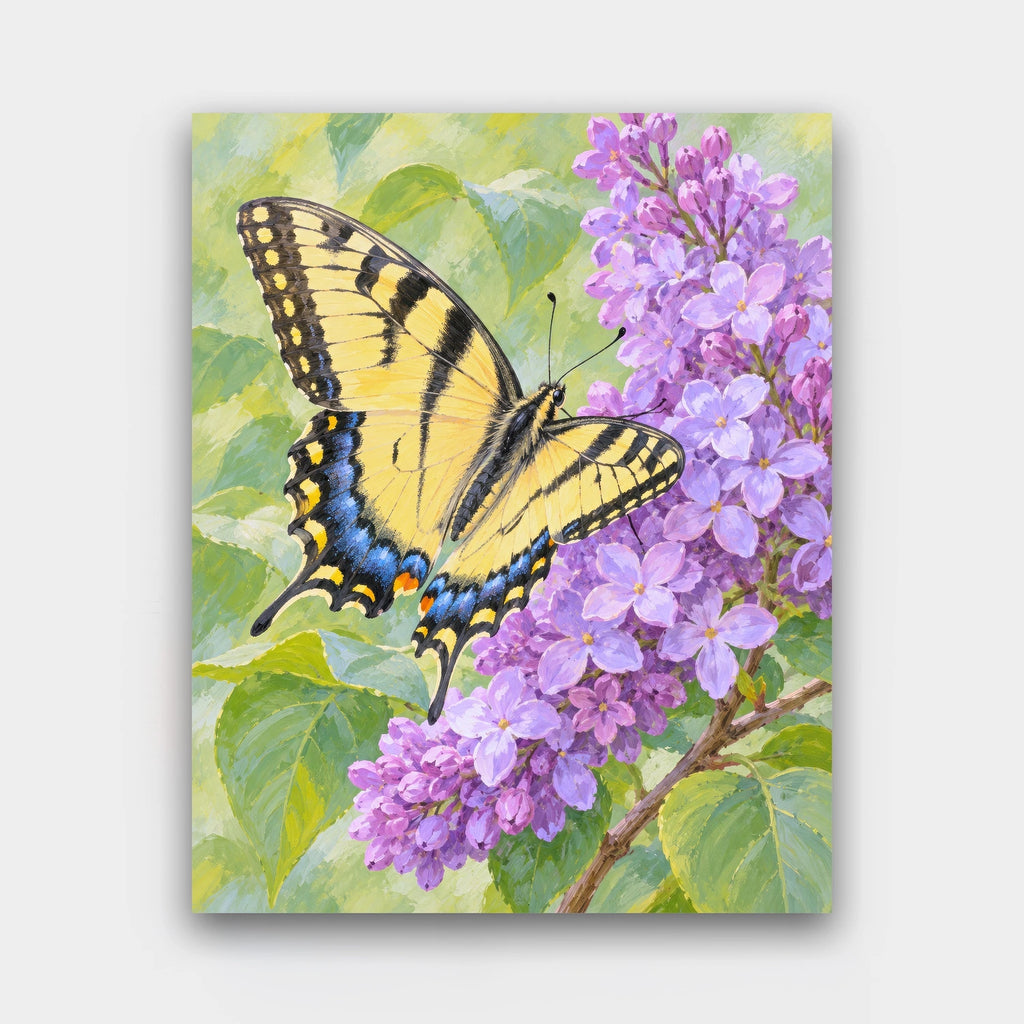Swallowtail on Lilac paint by numbers kit of a yellow swallowtail butterfly on a branch of purple lilac