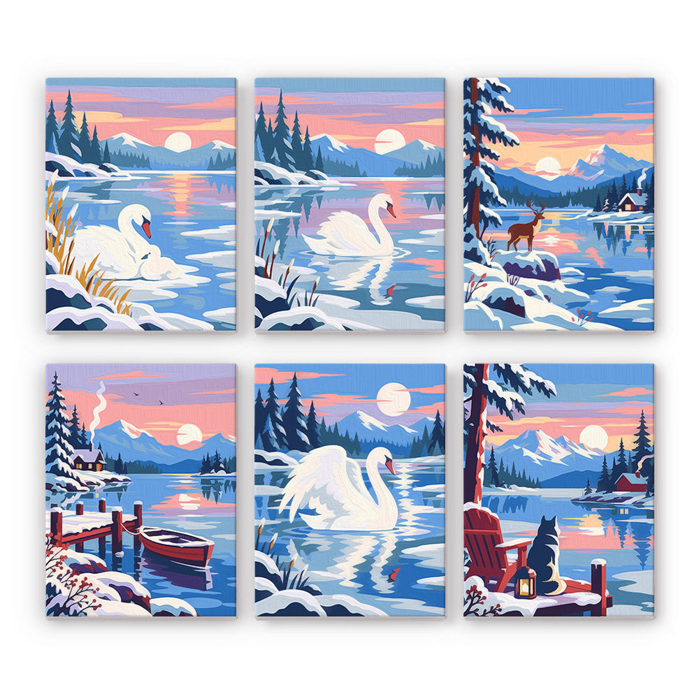 Swan Lake Sunrise mini paint by numbers set: six snowy lake designs with swans, a deer, a dock and a cat at sunrise