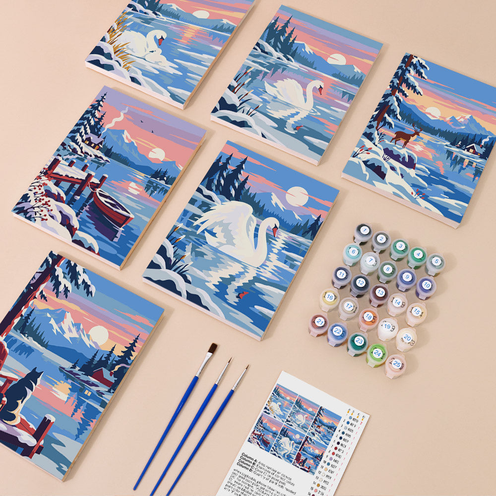 Swan Lake Sunrise mini paint by numbers kit with six numbered canvases, acrylic paints, brushes and layout