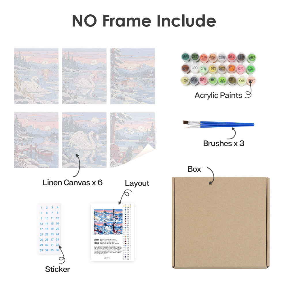 What's included without a frame: six rolled Swan Lake Sunrise mini canvases, acrylic paints, three brushes and layout