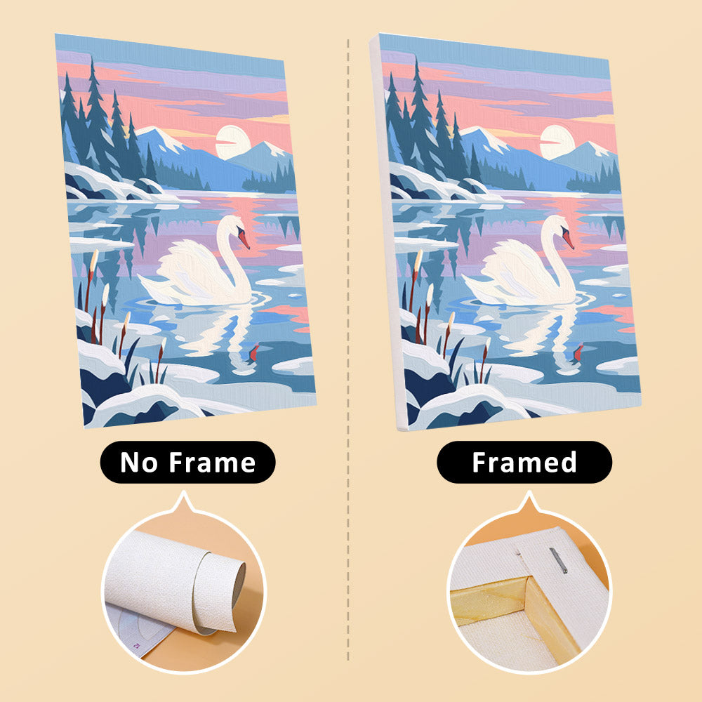 Swan Lake Sunrise mini canvas shown rolled without a frame and pre-stretched on a frame