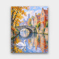 Swan on the Autumn Canal paint by numbers kit of a white swan on a canal with a stone bridge, stepped-gable houses and autumn trees