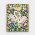Swans in the Reeds paint by numbers kit of two white swans forming a heart on a lake framed by irises and Art Nouveau borders