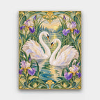Swans in the Reeds paint by numbers kit of two white swans forming a heart on a lake framed by irises and Art Nouveau borders