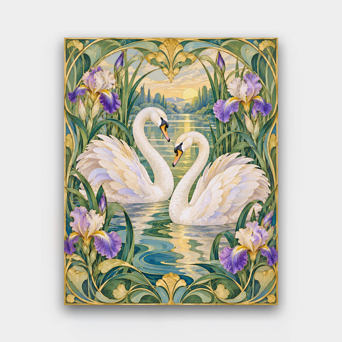 Swans in the Reeds paint by numbers kit of two white swans forming a heart on a lake framed by irises and Art Nouveau borders