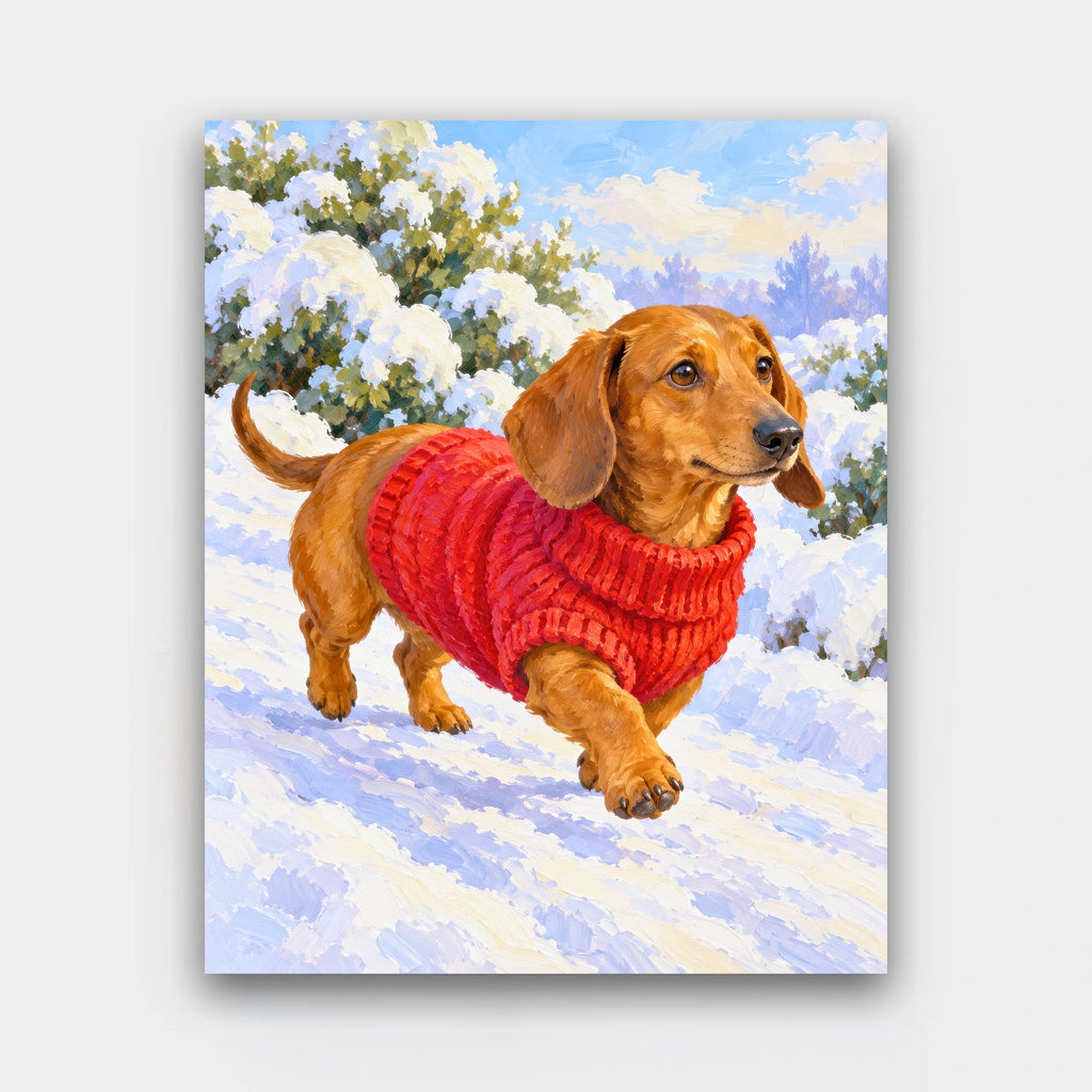Sweater Weather Stroll paint by numbers kit of a dachshund in a red knitted sweater trotting along a snowy path