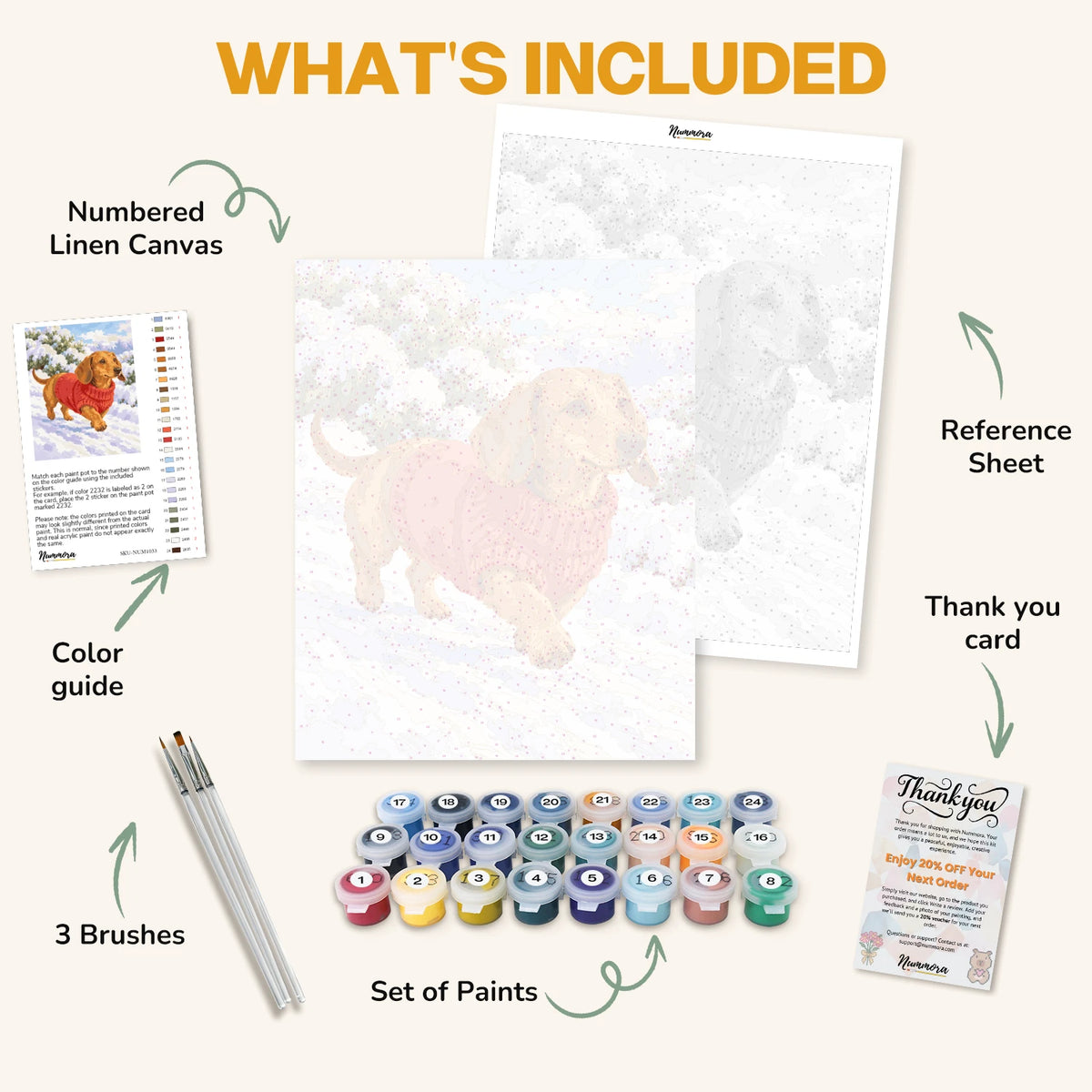 What's included in the Sweater Weather Stroll paint by numbers kit: numbered linen canvas, reference sheet, color guide, 24 acrylic paints, 3 brushes and thank you card