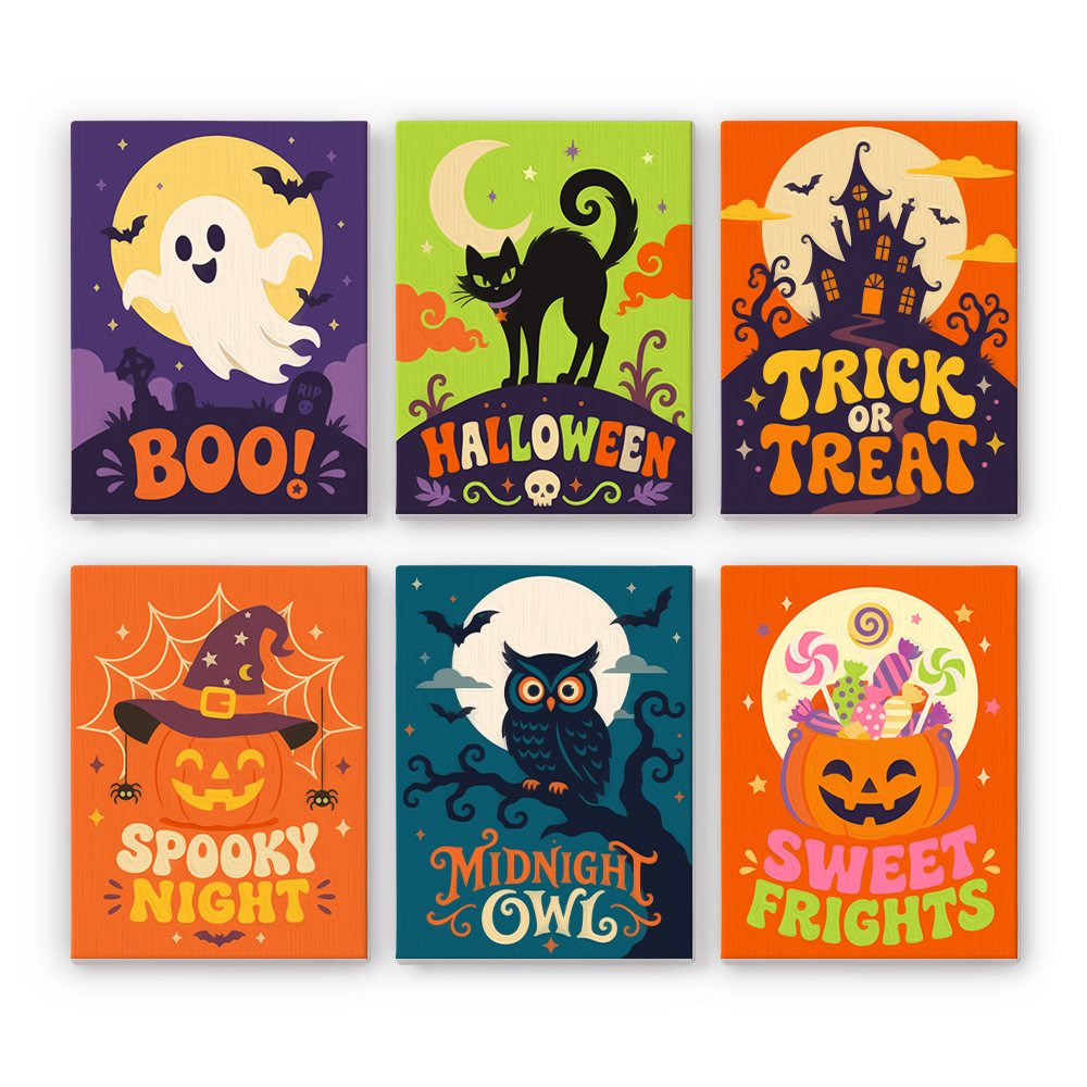 Sweet Frights mini paint by numbers set: six Halloween lettering designs reading Boo, Halloween, Trick or Treat, Spooky Night, Midnight Owl and Sweet Frights