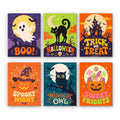 Sweet Frights mini paint by numbers set: six Halloween lettering designs reading Boo, Halloween, Trick or Treat, Spooky Night, Midnight Owl and Sweet Frights