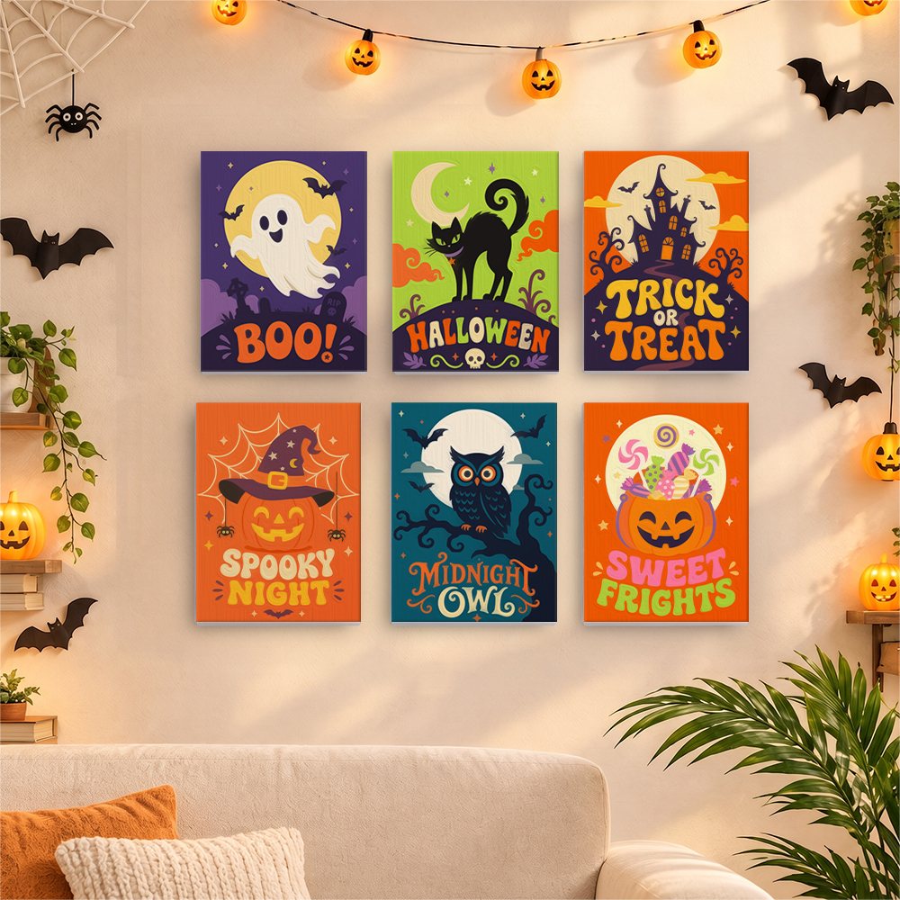 Six finished Sweet Frights mini paintings hung on a wall above a table