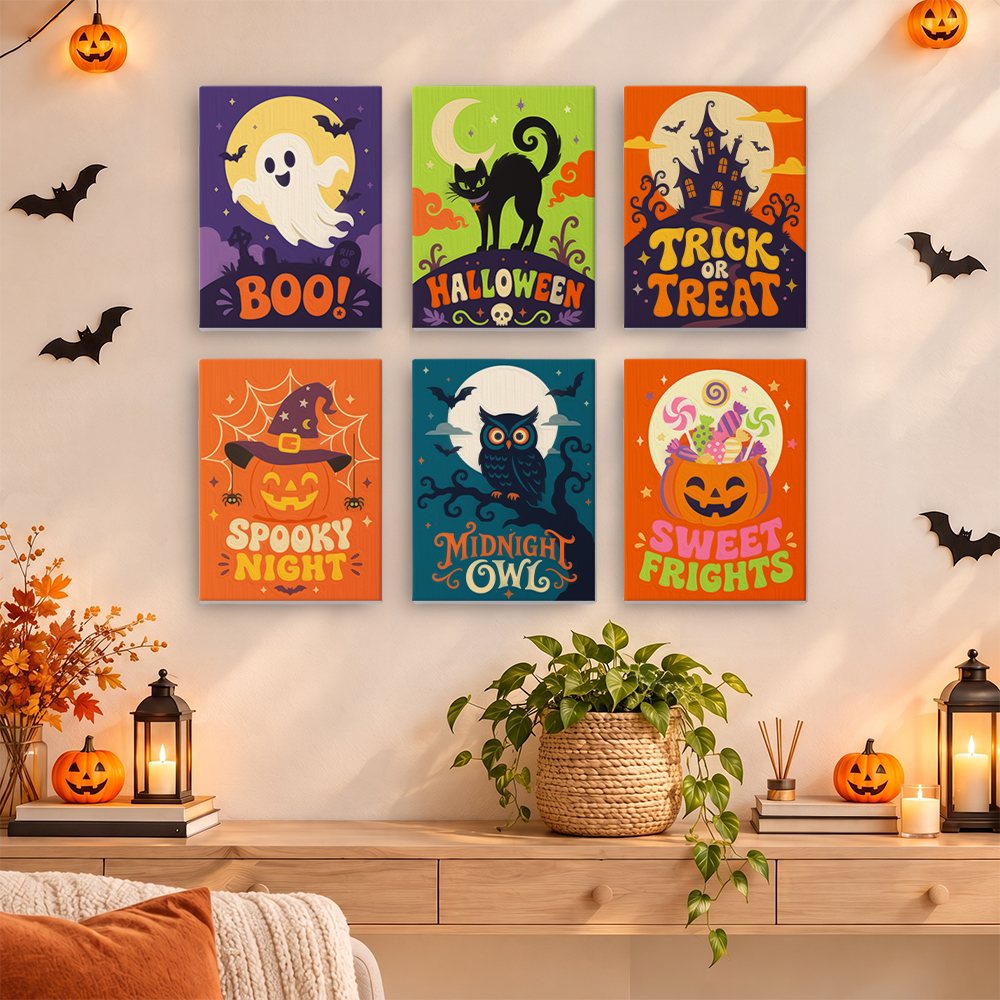 Sweet Frights mini paintings displayed as a gallery wall in a sunny kitchen