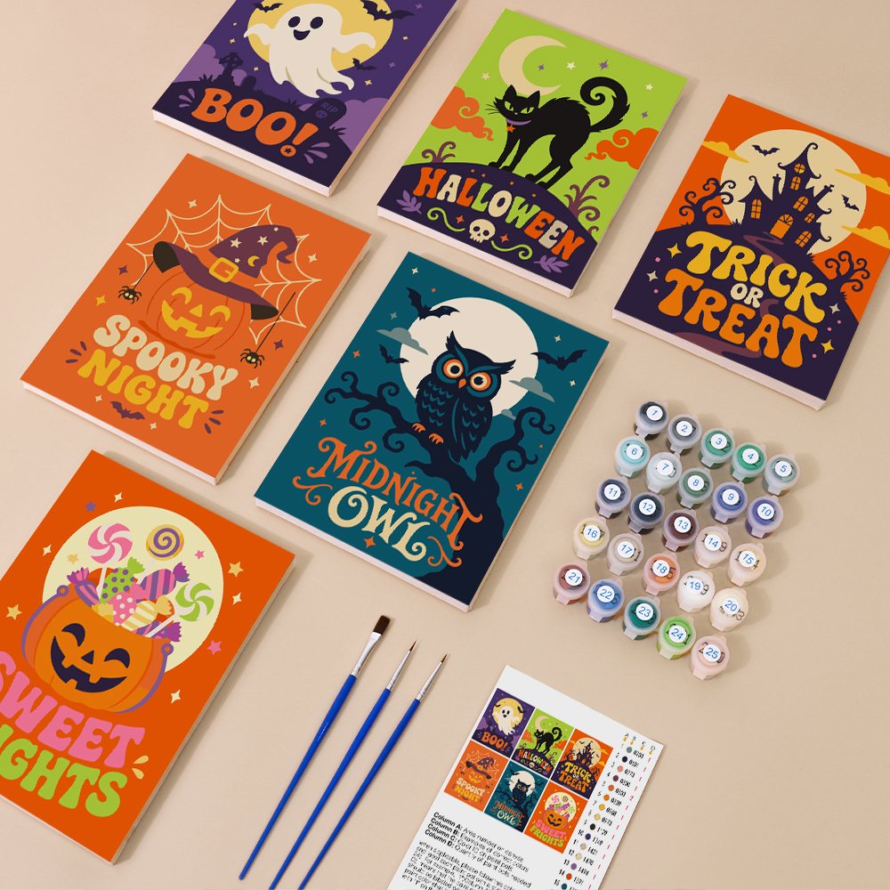 Sweet Frights mini paint by numbers kit with six numbered canvases, acrylic paints, brushes and layout