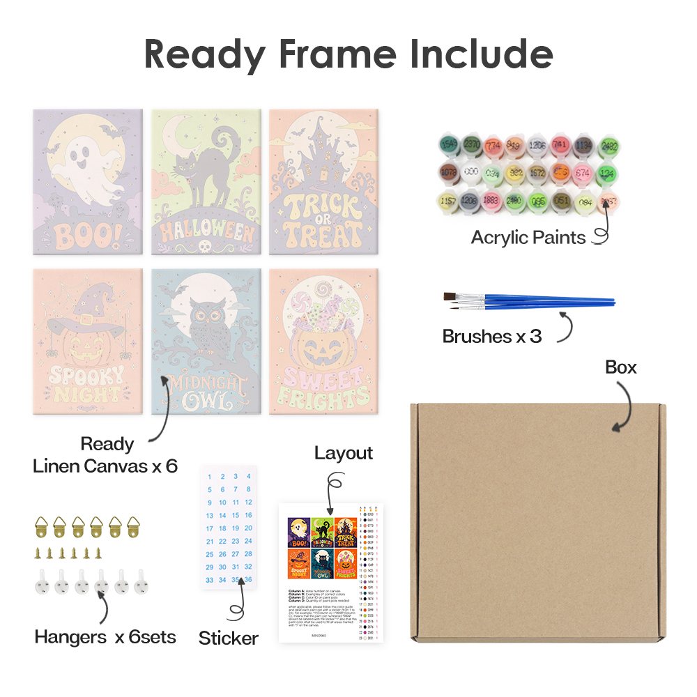 What's included pre-stretched on frame: six framed Sweet Frights mini canvases, paints, three brushes, hangers and layout