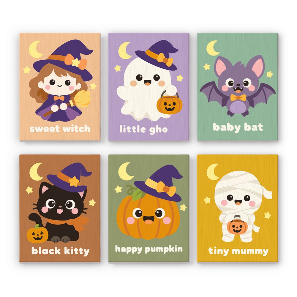 Sweet Little Spooks mini paint by numbers set: six cute labeled Halloween characters including a witch, ghost, bat, black kitty, pumpkin and mummy
