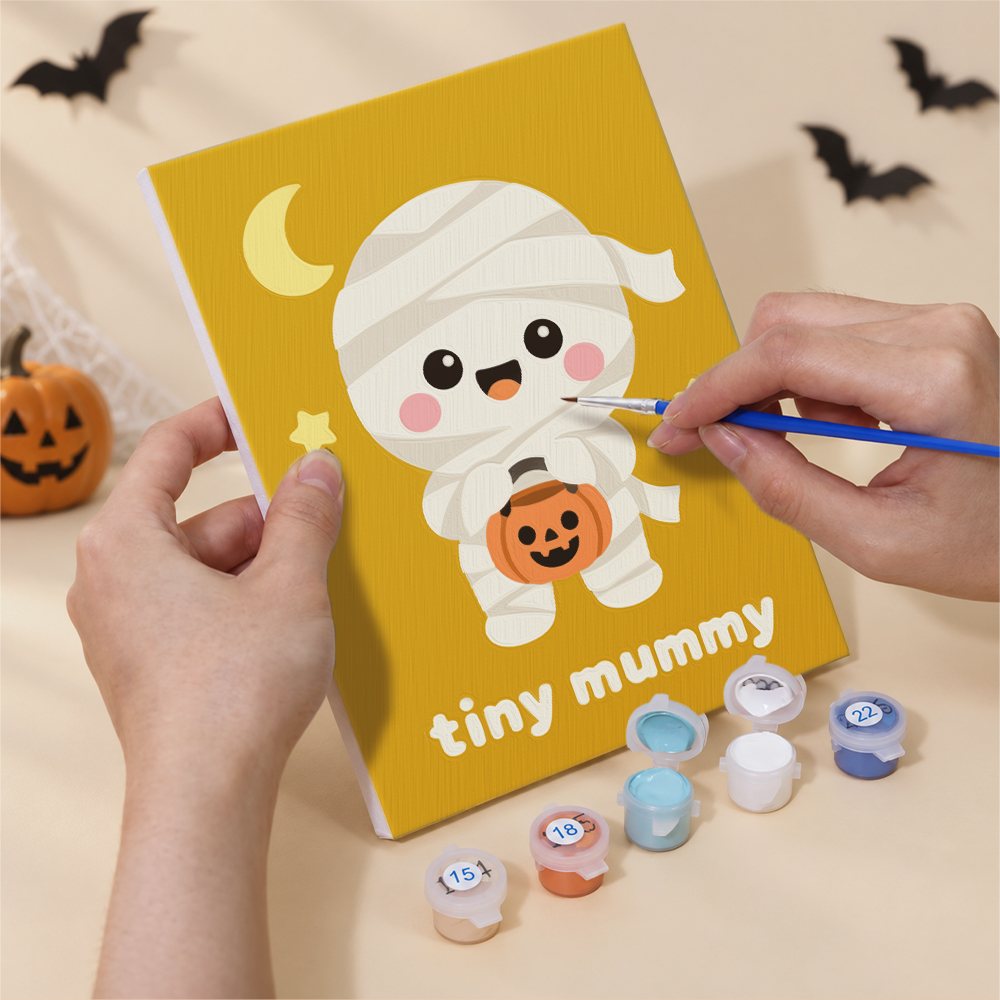 Numbered paint pots and brushes on a pre-stretched Sweet Little Spooks mini canvas