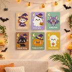 Before and after of a Sweet Little Spooks mini paint by numbers canvas