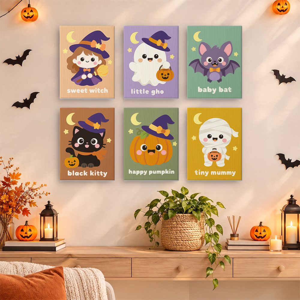 Painting a Sweet Little Spooks mini canvas propped up beside numbered acrylic paints