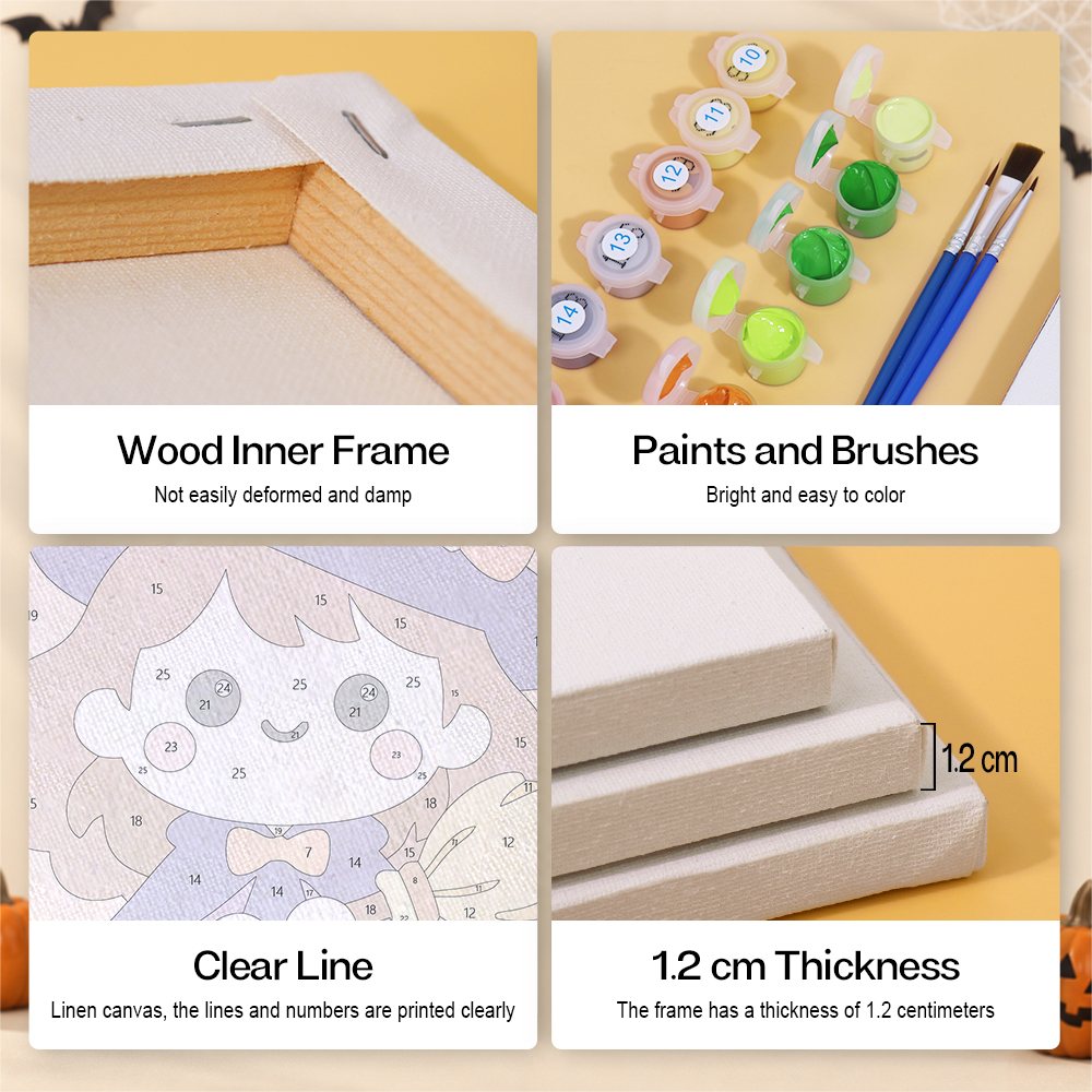 Sweet Little Spooks mini paint by numbers kit with six numbered canvases, acrylic paints, brushes and layout