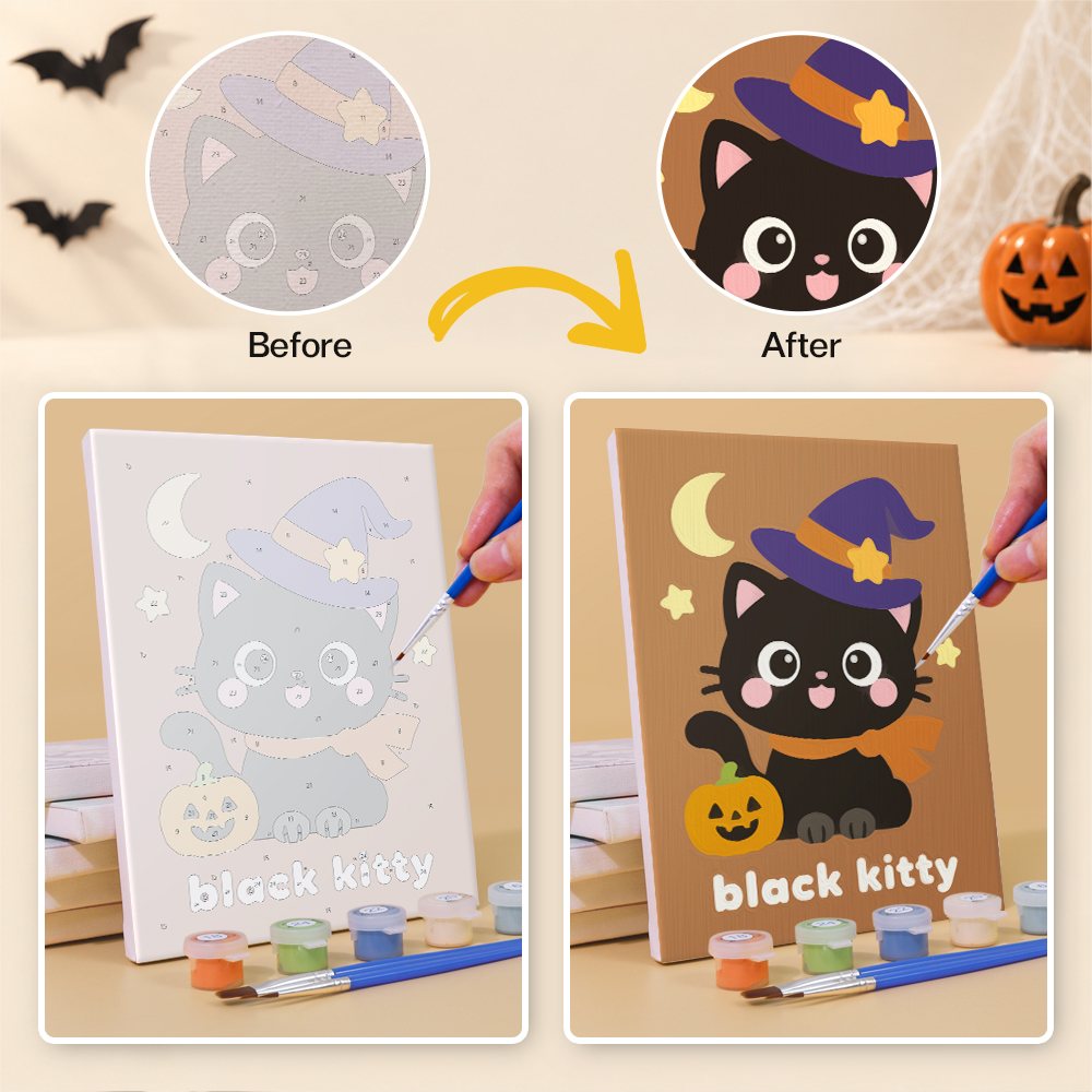 What's included without a frame: six rolled Sweet Little Spooks mini canvases, acrylic paints, three brushes and layout