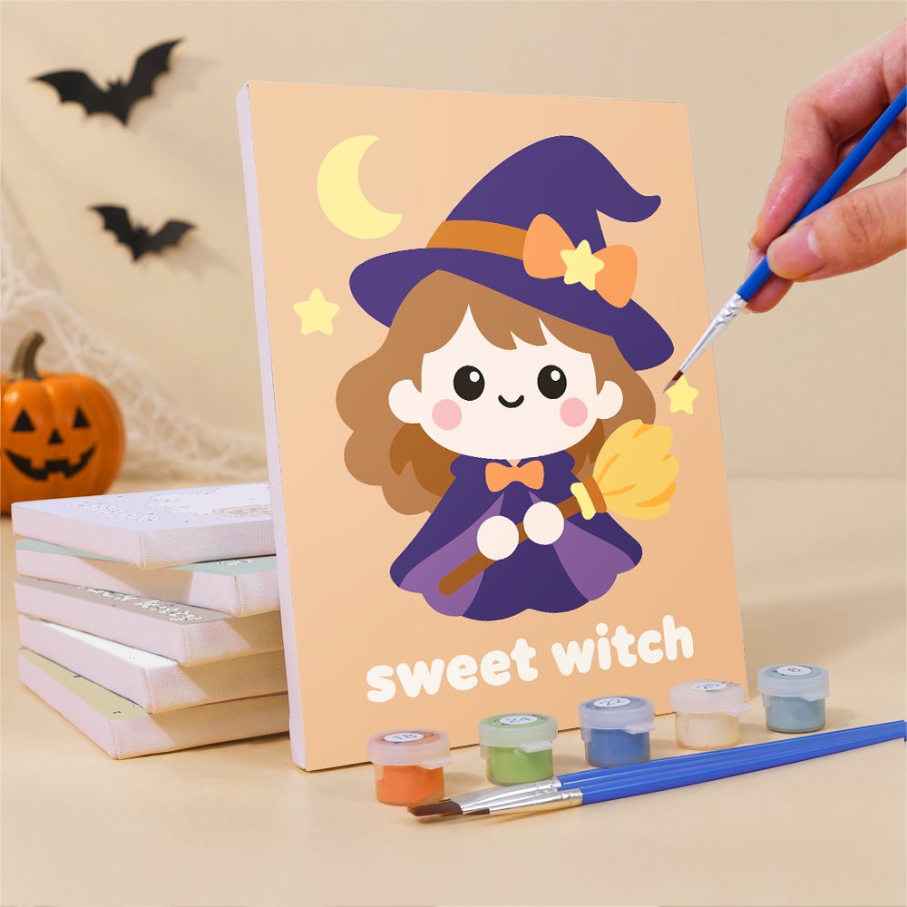 What's included pre-stretched on frame: six framed Sweet Little Spooks mini canvases, paints, three brushes, hangers and layout