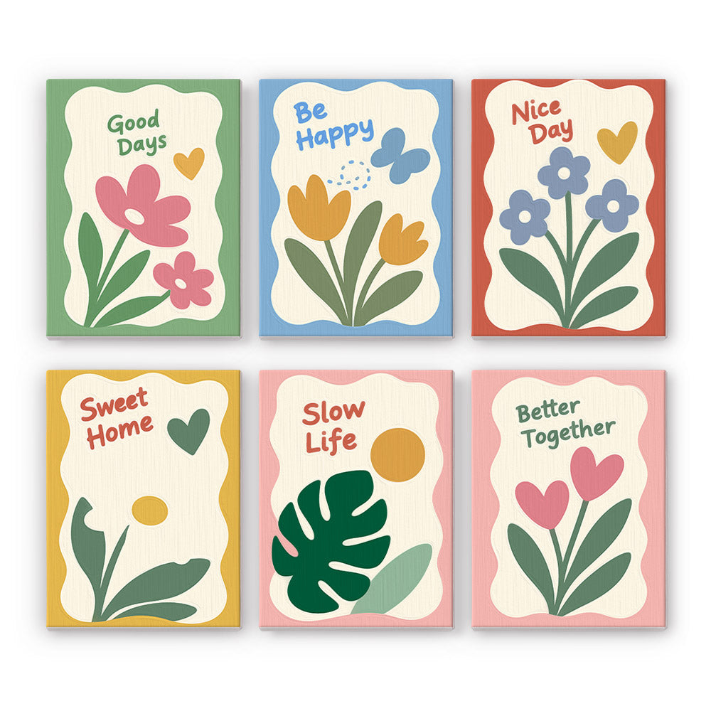 Sweet Sayings mini paint by numbers set: six flower designs with Good Days, Be Happy, Nice Day, Sweet Home, Slow Life and Better Together