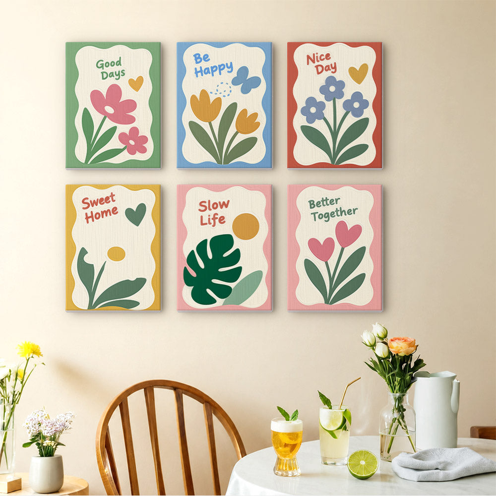 Sweet Sayings mini paintings displayed as a gallery wall in a sunny kitchen