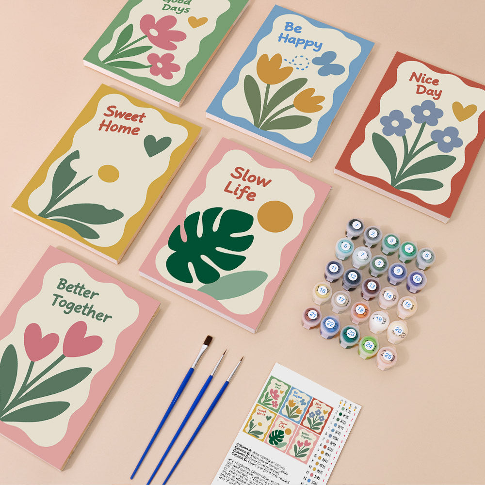 Sweet Sayings mini paint by numbers kit with six numbered canvases, acrylic paints, brushes and layout