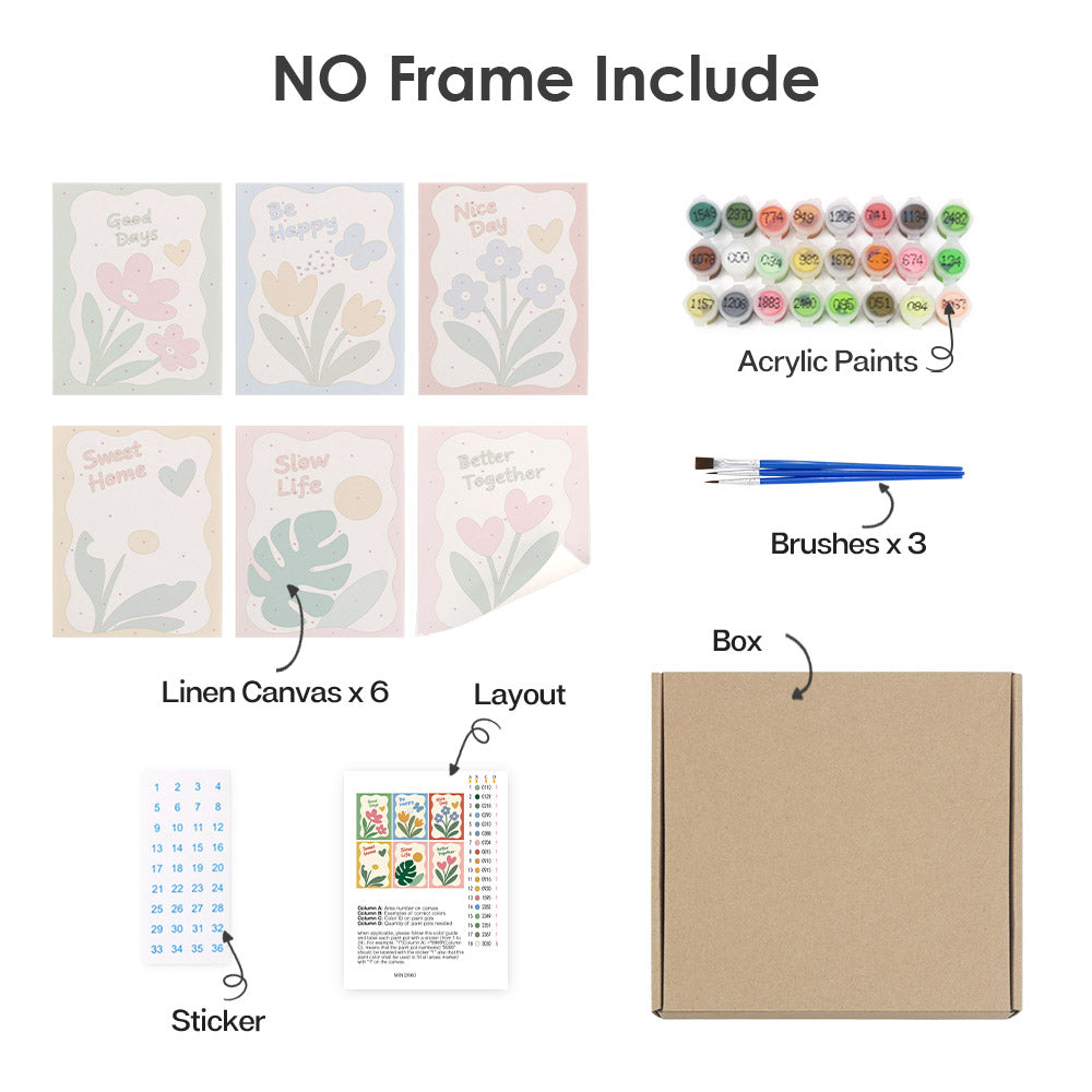 What's included without a frame: six rolled Sweet Sayings mini canvases, acrylic paints, three brushes and layout