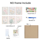What's included without a frame: six rolled Sweet Sayings mini canvases, acrylic paints, three brushes and layout