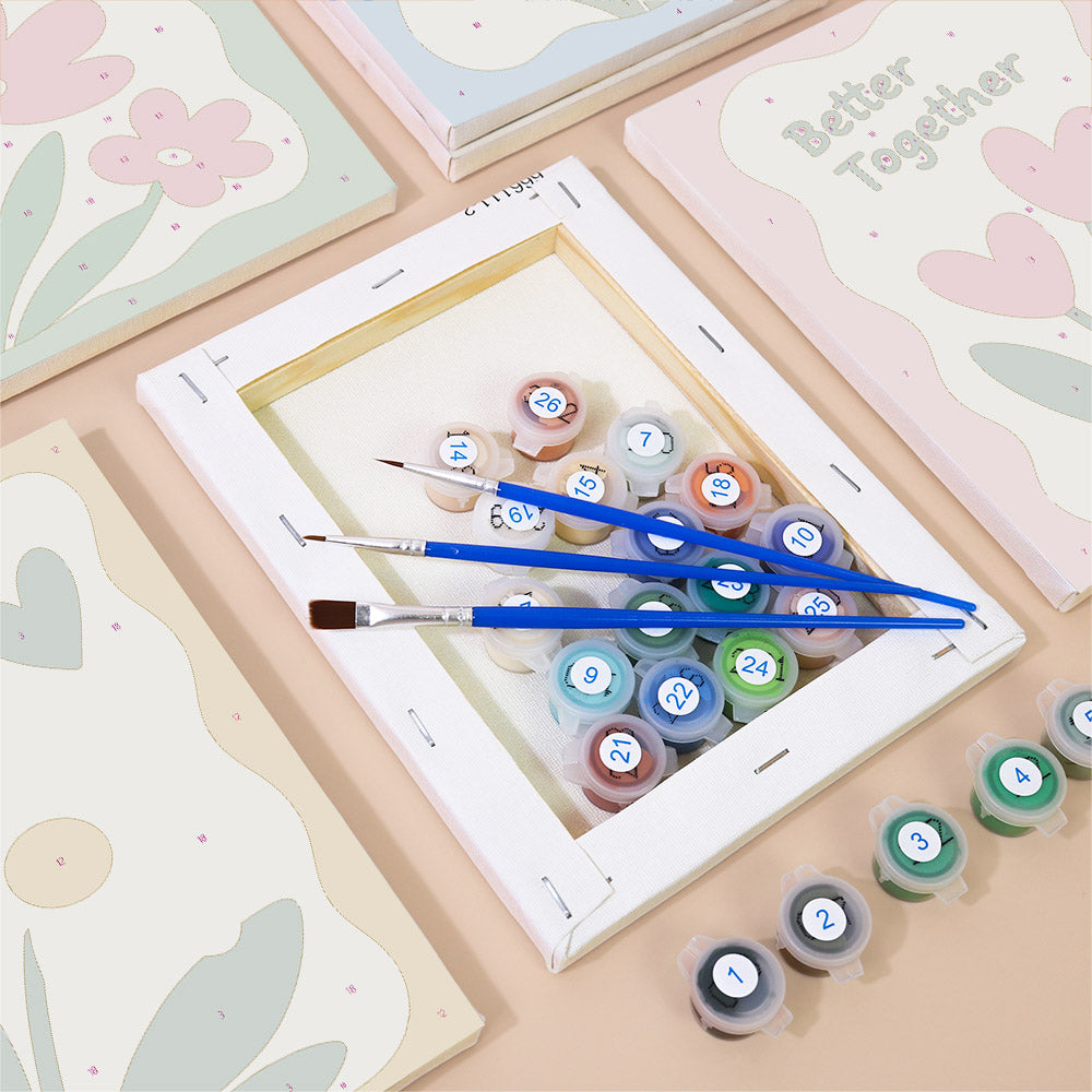 Numbered paint pots and brushes on a pre-stretched Sweet Sayings mini canvas