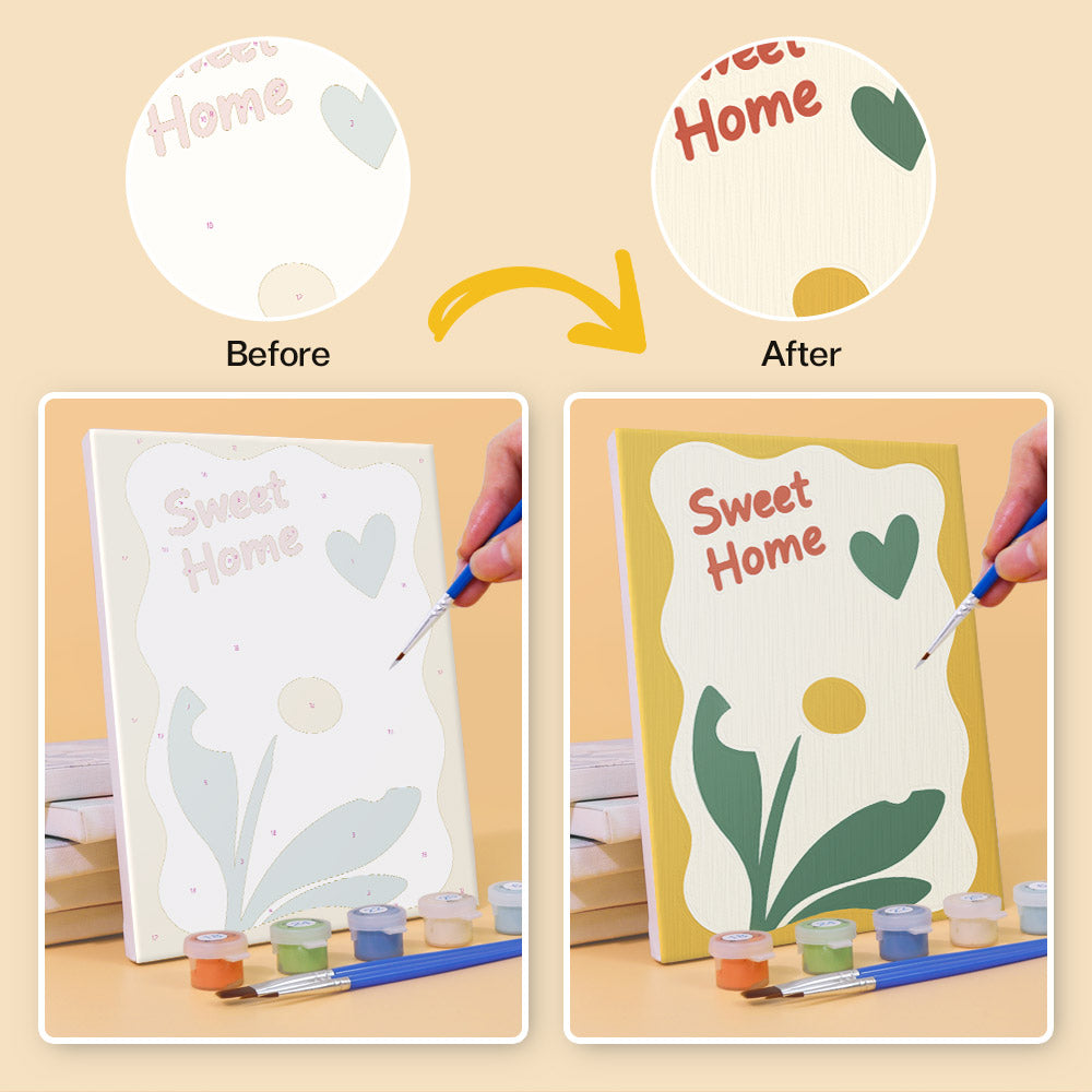 Before and after of a Sweet Sayings mini paint by numbers canvas