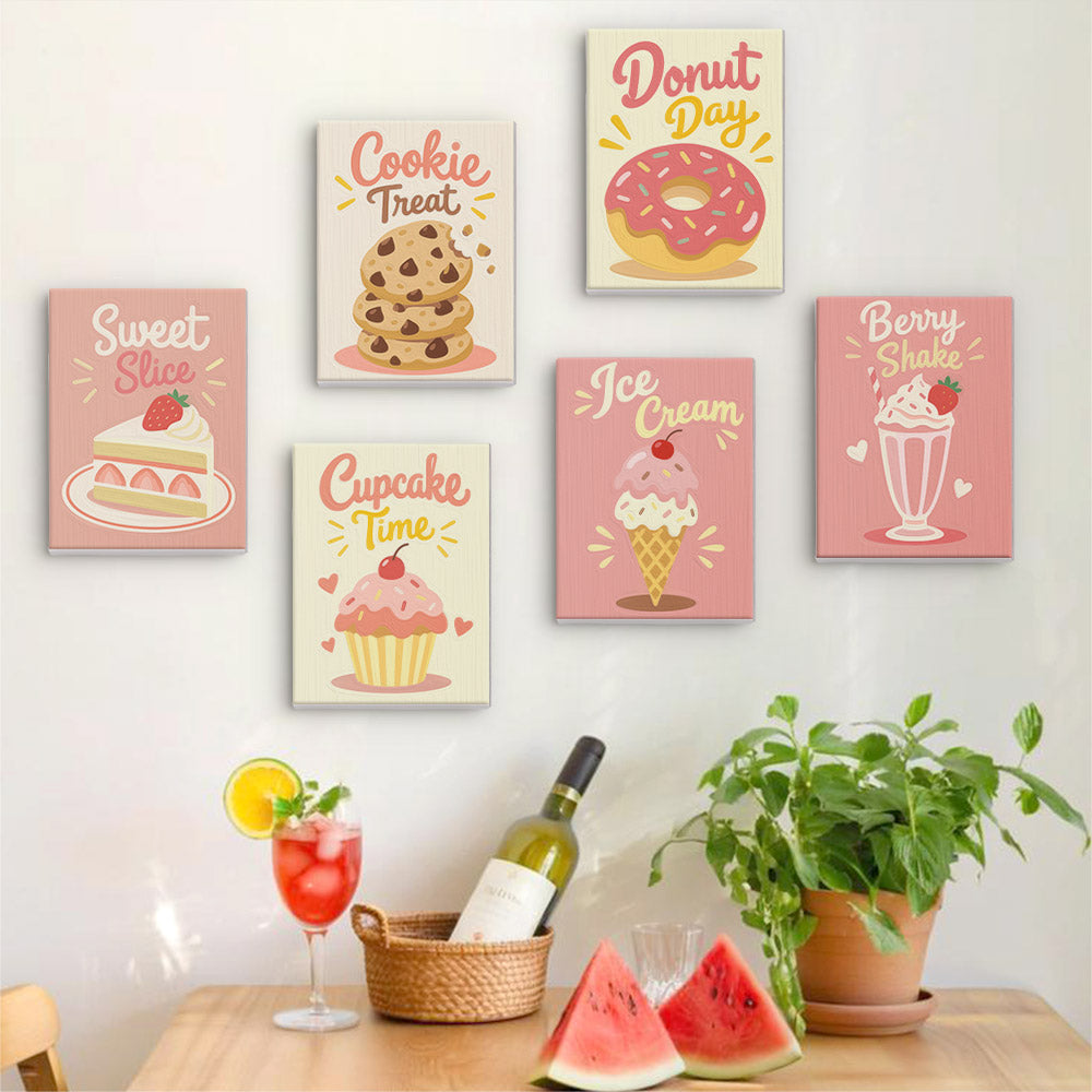 Six finished Sweet Shop mini paintings hung on a wall above a table