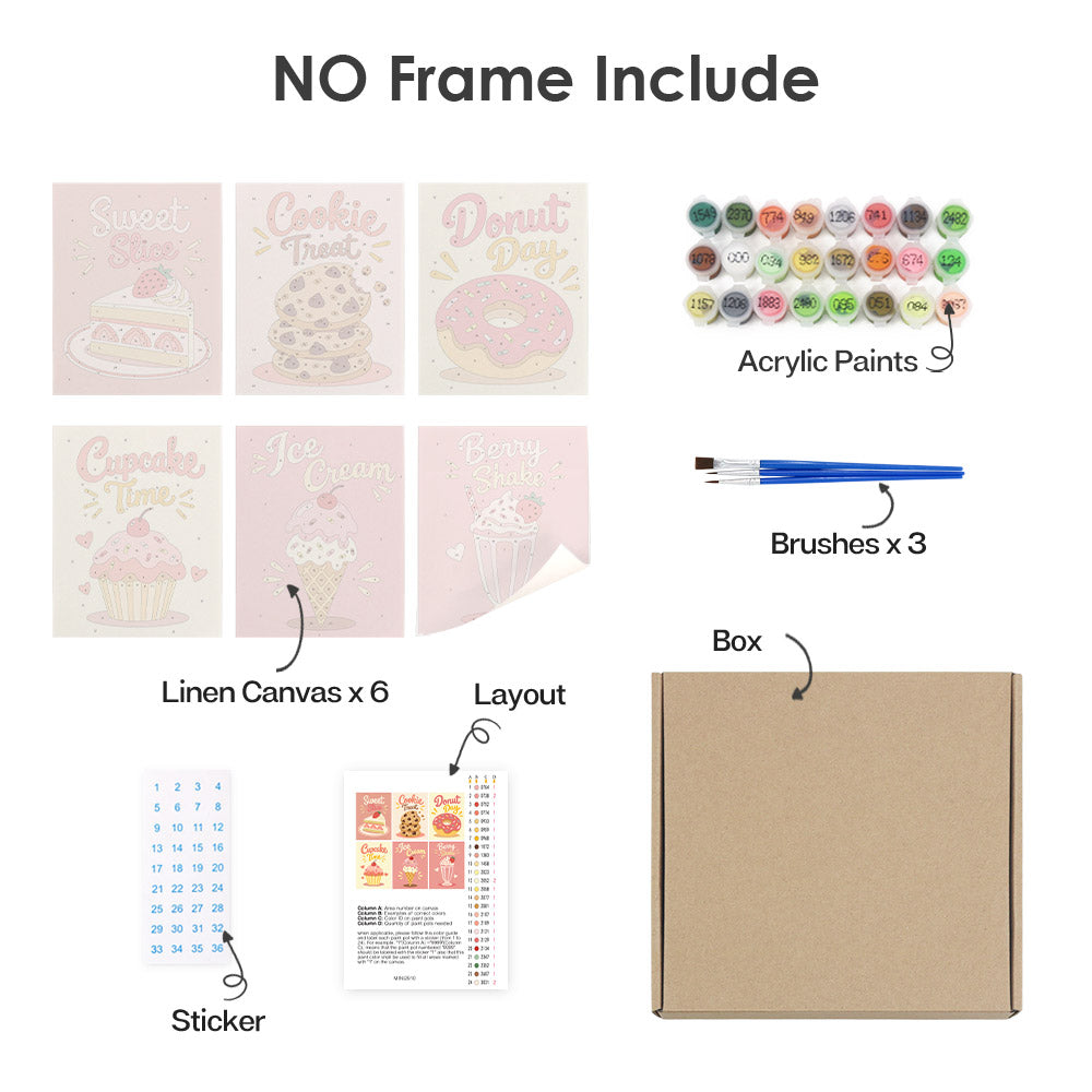 What's included without a frame: six rolled Sweet Shop mini canvases, acrylic paints, three brushes and layout
