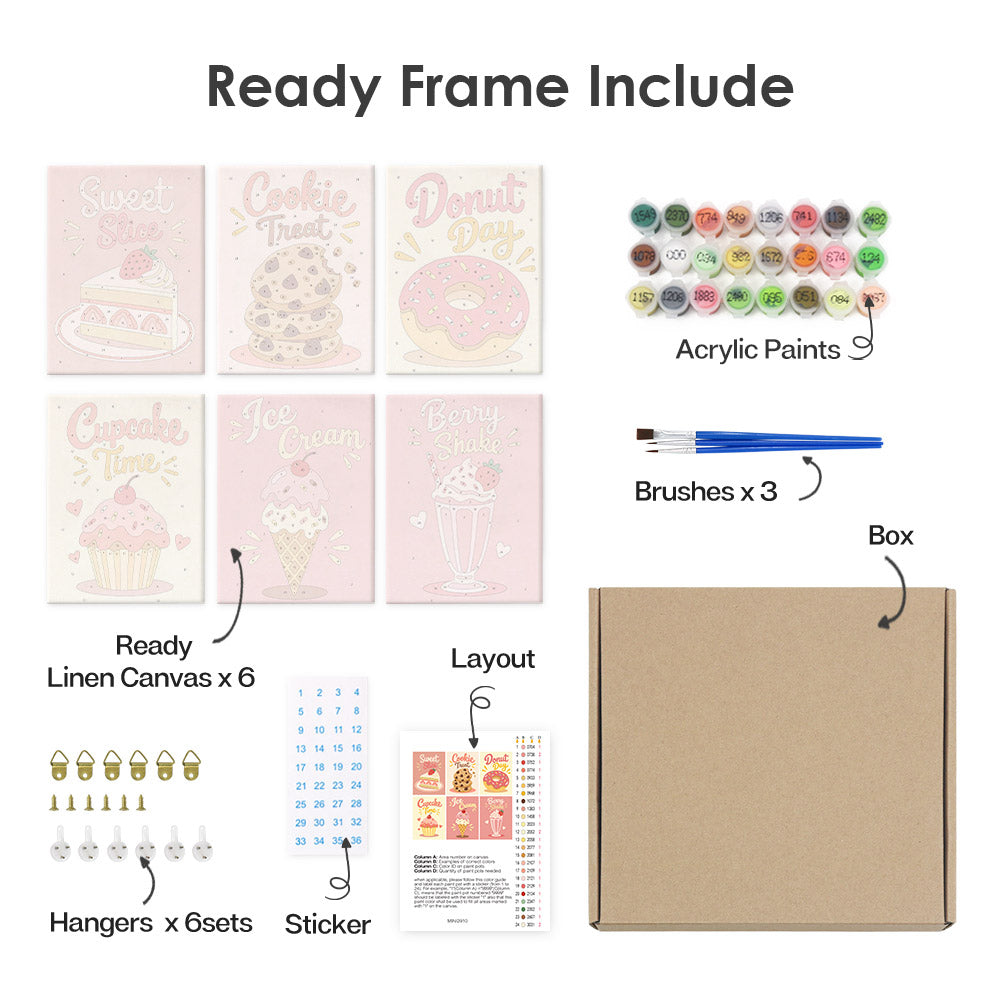 What's included pre-stretched on frame: six framed Sweet Shop mini canvases, paints, three brushes, hangers and layout