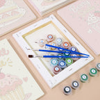 Numbered paint pots and brushes on a pre-stretched Sweet Shop mini canvas