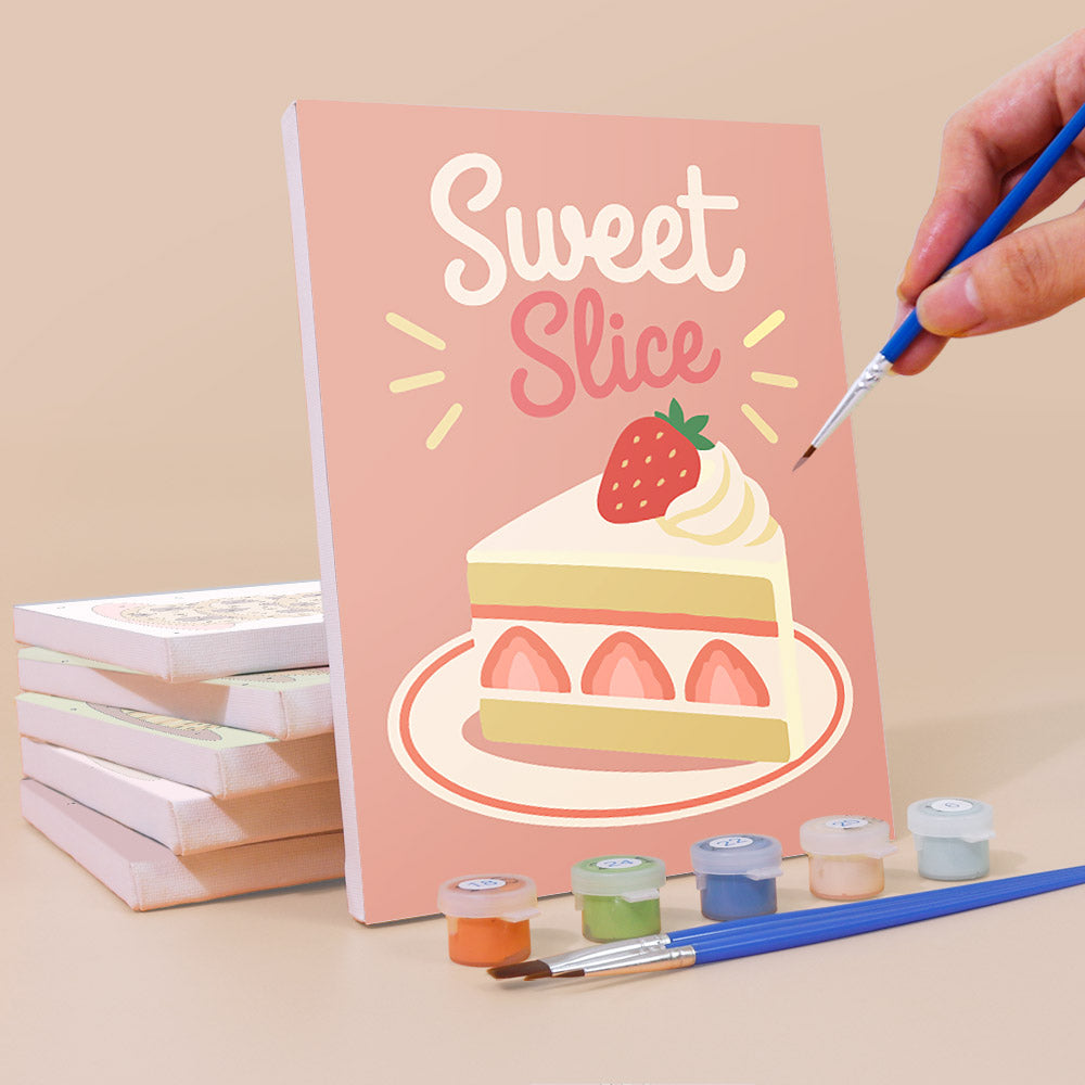 Painting a Sweet Shop mini canvas propped up beside numbered acrylic paints
